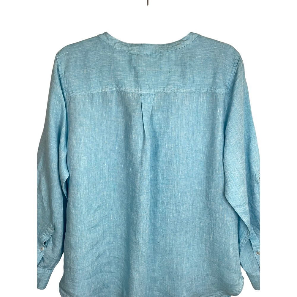 Talbots Womens XLP Blue Linen Roll Tab Sleeve Split Neck Button Tunic Top - Picture 5 of 14